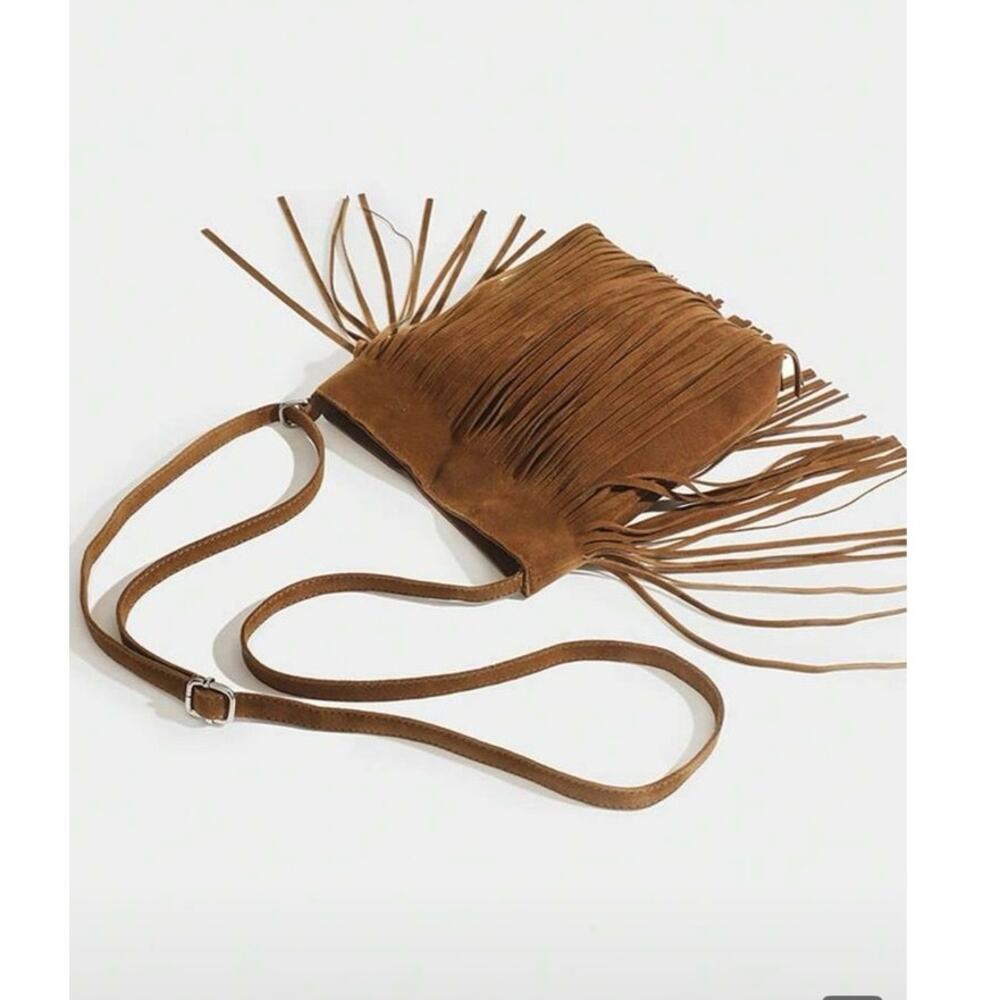Boho Fringe Small Crossbody Bag Cognac Brown Concert Festival Western Purse NWT - Picture 5 of 10